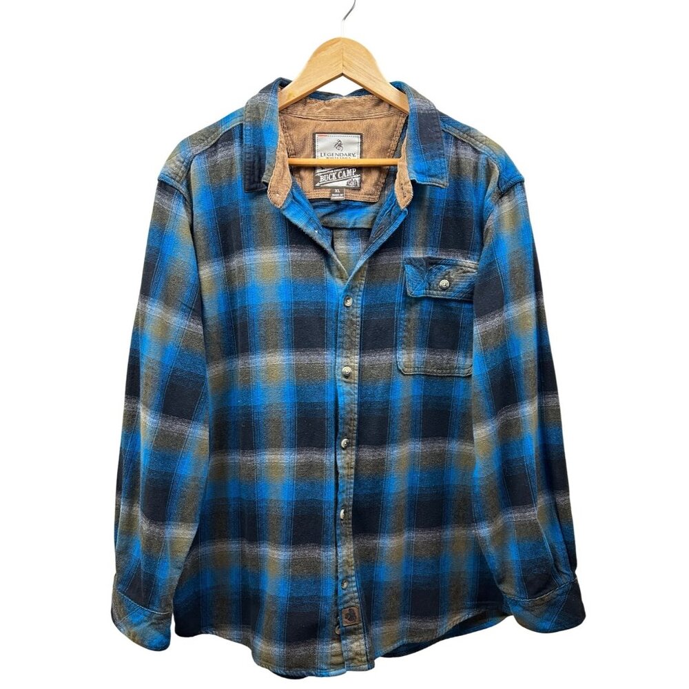 Legendary Whitetails Mens Flannel Shirt XL Blue Plaid‎ Corduroy Collar Buck Camp